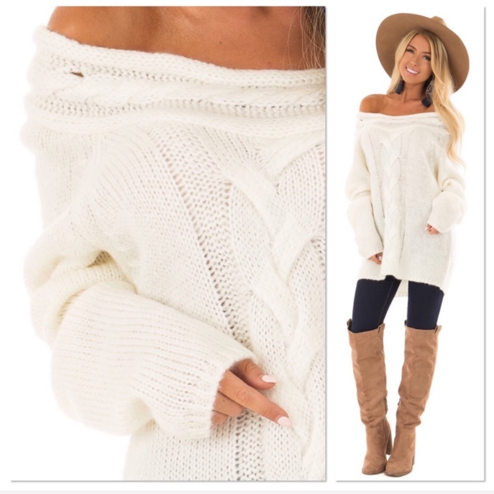 Cream Cable Knit Off The Shoulder Sweater - Picture 4 of 4